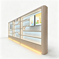 Mur de présentation de luxe moderne pour les produits de beauté |   Étagères courbes sur mesure et éclairage LED |   Intérieur d'un magasin de cosmétiques haut de gamme