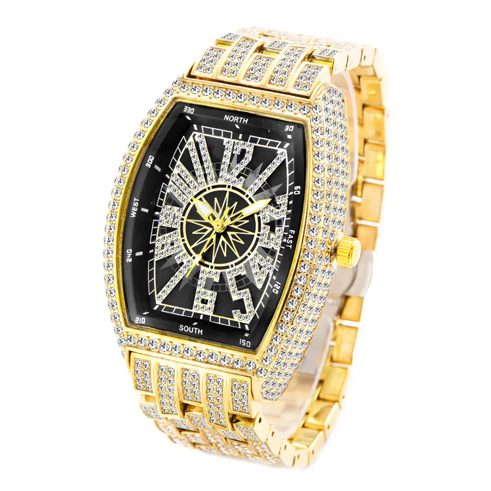 Iced Out Tonneau Case Shape Classic Wrist Watch Full Bling CZ Diamond Quartz Stylish Watch