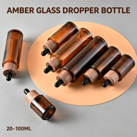 Flacon compte-gouttes en verre ambré à épaule plate avec anneau en bois de noyer 20ml-100ml en stock