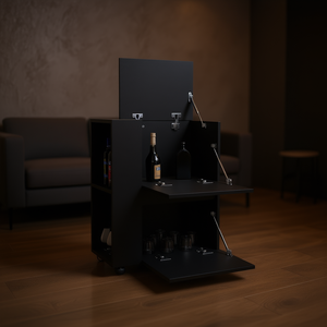 DEPOT Carrito de barra negro de Tully con dos gabinetes de puerta extraíble y dos estantes abiertos Muebles de barra - Product Image 2