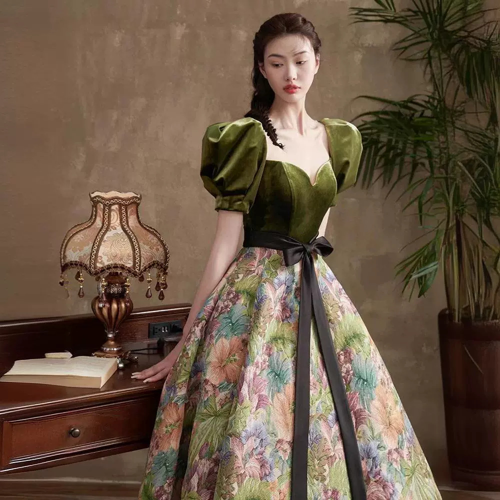 green emerald velvet dress Retro Stage V-Neck Pearl A-Line Velvet Vintage Dress Wine Red