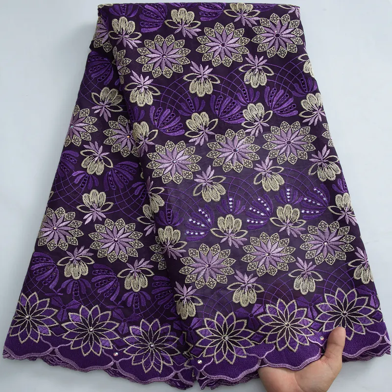 3253 novo modelo real roxo africano tecido de renda de algodão com pedras venda quente nigeriano bordado tecido renda para vestidos de casamento