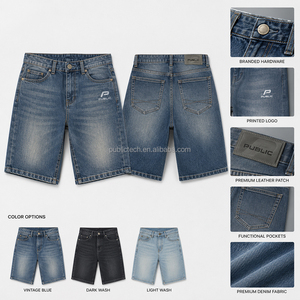 Pantalones Cortos de Mezclilla Vintage Lavados de 14oz Personalizados para Hombre, Estilo Baggy Streetwear con Logotipo Impreso y Parche de Cuero, Marca Privada - Product Image 1