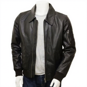 Blouson aviateur en cuir véritable noir pour homme, avec poignets côtelés, en cuir de vachette, style classique, vêtement d'extérieur tendance, chaud pour l'hiver - Product Image 1