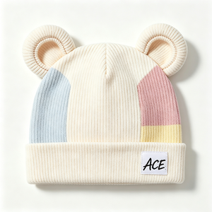 Lindo Gorro de Punto para Bebé con Orejas de Oso, Diseño de Bloques de Color, Acanalado, Suave y Elástico, 100% Acrílico, Marca ACE, Primavera, Otoño, Viajes - Product Image 5