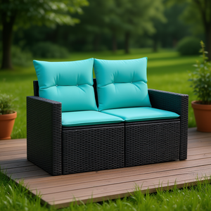 Black Garden <b>Sofa</b> Two Seat Outdoor Furniture Cushioned PE <b>Rattan</b> Contemporary Design - Product Image 2