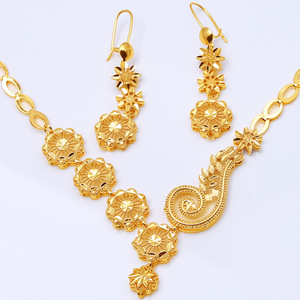 24K <span class=keywords><strong>Gold</strong></span> Plated Brass Classic Earring Necklace Dubai Saudita Noiva Casamento <span class=keywords><strong>Set</strong></span> para Mulheres Estilo Romântico Copper Party Aniversários - Product Image 3