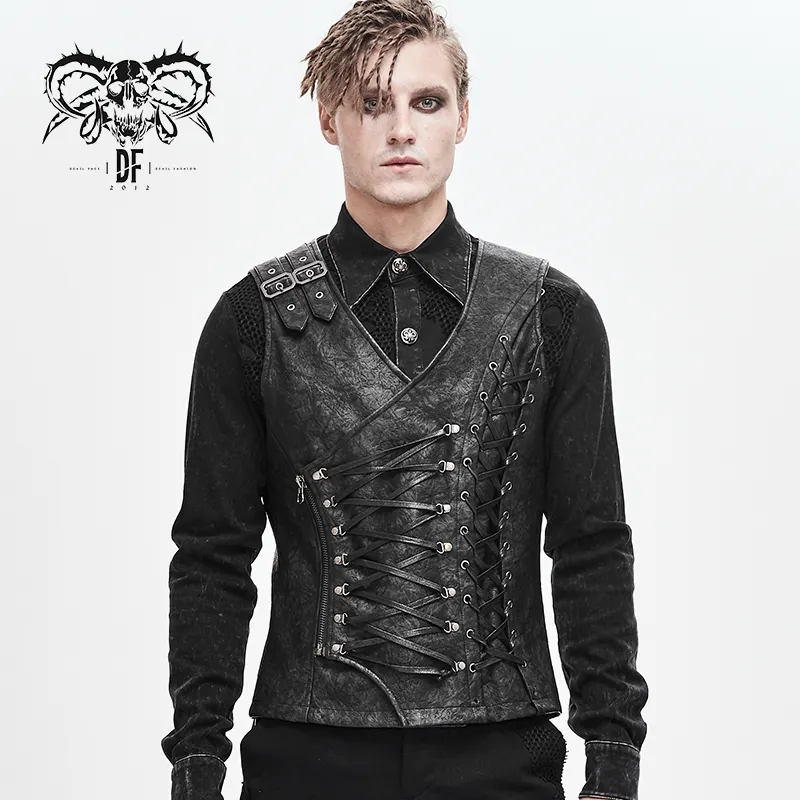 Punk — gilet en cuir avec lacets pour hommes, modèle de marque supérieure, motifs de brouillard gris, fleuri, avec boucles