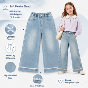 Jeans a Gamba Larga MZJ per Ragazze con Orlo in Pizzo, Morbidi e Lavati, Vita Alta Elastica, Pantaloni in Denim Casual per Uso Quotidiano - Product Image 5