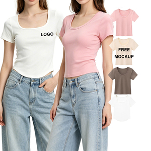 T-shirt da <span class=keywords><strong>donna</strong></span> in cotone 230g con scollo a U ampio, vestibilità slim, manica corta, stampa personalizzata estiva - Product Image 1