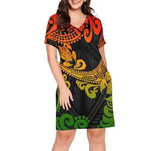 OEM Robes tribales des Samoa polynésiennes personnalisées Mini robe froncée pour femmes Robe moulante à col en V pour femmes Vêtements vintage colorés pour femmes