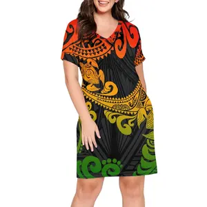 Oem Custom Polynesiaanse Samoa Tribal Jurken Vrouwen Mini Ruches Jurk V-Hals Bodycon Vrouwen Jurk Kleurrijke Vintage Dameskleding