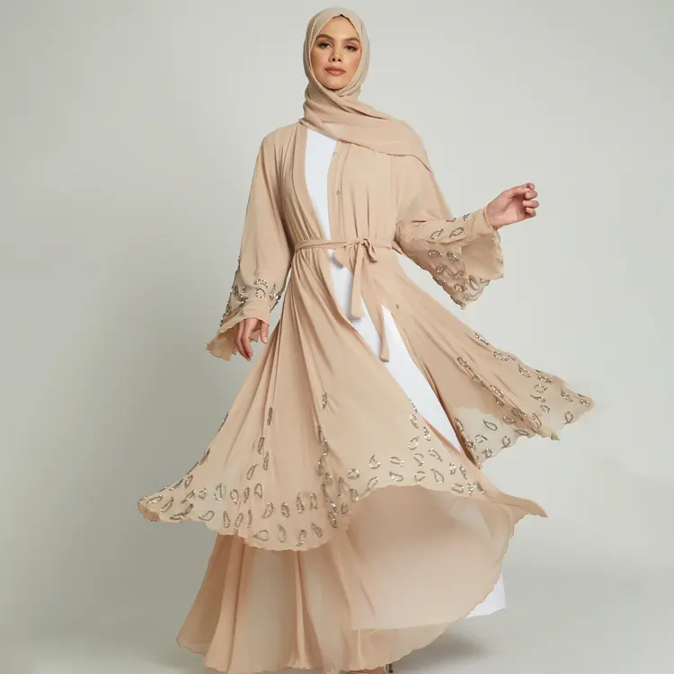 Hochwertige türkische Abaya muslimische Kleid Frau Kristall nackte Farbe Doppel Chiffon offen Abaya