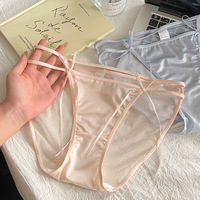 Culottes triangulaires en satin et dentelle pour femme, antibactériennes, sexy, avec nœud, taille mi-haute, fines, avec entrejambe en soie de mûrier, en nylon tricoté ajouré
