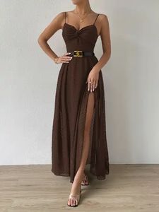 Dropshipping Producten 2025 Custom Groothandel Mode Strapless Split Losse Jurk Zwitserse Dot Twist Voorkant Stropdas Rugloze Wikkeljurk - Product Image 5