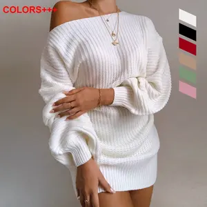 Hot Selling Winter Oversized Vrouwen Off Shoulder Lange Mouw Gebreide Trui Tops Pullover Mini Jurk