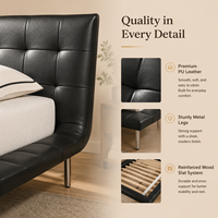 Lit moderne écologique en cuir noir rembourré avec tête de lit matelassée et tables de chevet