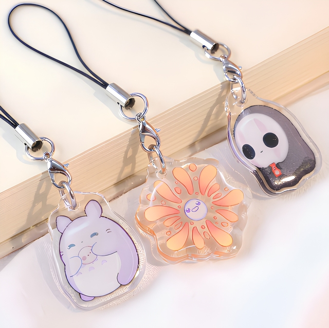 Custom Double Sided UV Printed Epoxy Acrylic Anime Phone Charm Glitter Cartoon  Acrylic Keychain with Metal Strap