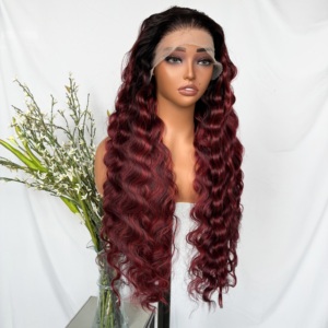 Pelucas sintéticas Kemy Hair Burg Highlight con frontal de encaje, ondas profundas, rizos largos tipo huevo, ondas sueltas, fibra sintética resistente al calor para mujer - Product Image 3