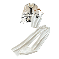 Ensemble décontracté rayé en tricot pour femme, 3 pièces, cardigan à col Peter Pan, haut de chemise, pantalon large, tenue pour l'automne