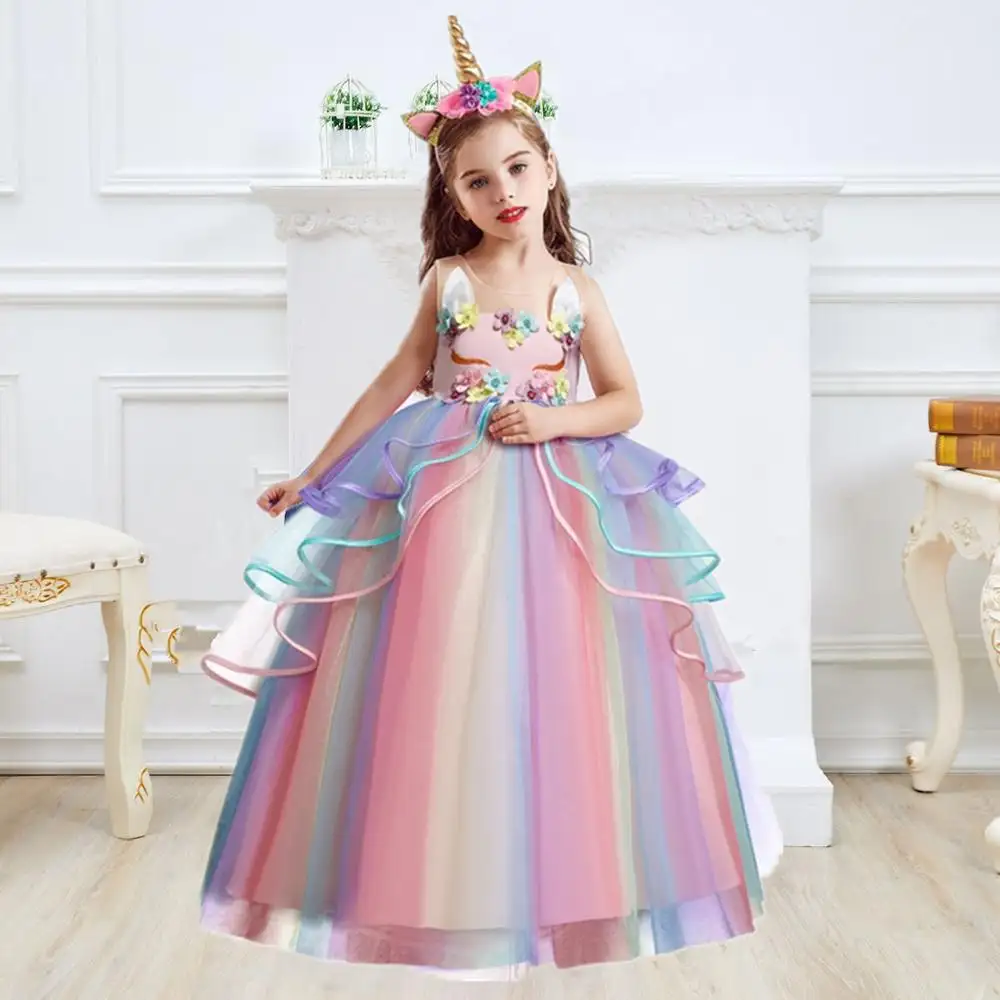 Unicorn Flower Appliques Party Princess Dress Up Kids Unicorn Tutu Elegant Tulle Dress