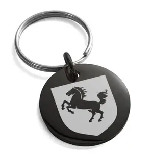 Yiwu Aceon Stainless Steel Black Disc Custom Logo Laser Engraved Horse Battle Coat of Arms Shield Engraved Key Chain
