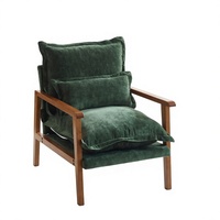 Fauteuil moderne en velours avec pieds en bois, dossier solide, chaise longue pour salon, style mid-century, siège rembourré vert