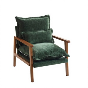 Fauteuil moderne en velours avec pieds en bois, dossier solide, chaise longue pour salon, style mid-century, siège rembourré vert - Product Image 3