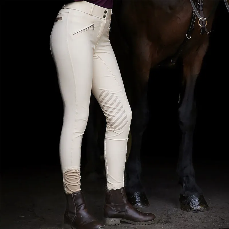 Custom Paardrijden Broek Vrouwen Knie Patch Paardrijden Leggings Met Rits Beige Paardensport Rijbroek Oem