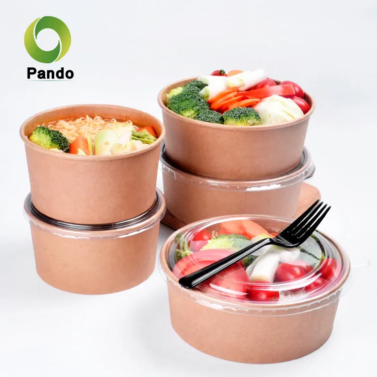 Pando özel geri dönüşümlü Kraft kağıt salata kaseleri, kapaklı kahverengi Kraft çorba kağıt kaseler