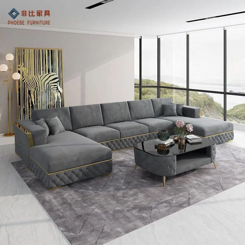 De Beste Moderne U-vormige Chesterfield Getuft Fluwelen Sectionele Modulaire Sofa Set Met Gouden Frame