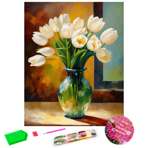 Decorazione moderna per la casa personalizzabile pittura a diamante dipinta a mano <span class=keywords><strong>tulipani</strong></span> bianchi in un vaso verde OEM stile fiore soggetto - Product Image 1
