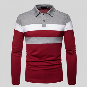 Polo de manga larga para hombre, diseño de bloque de color rojo y gris, informal, ajustado, cómodo, mezcla de algodón, ligero, elegante - Product Image 1