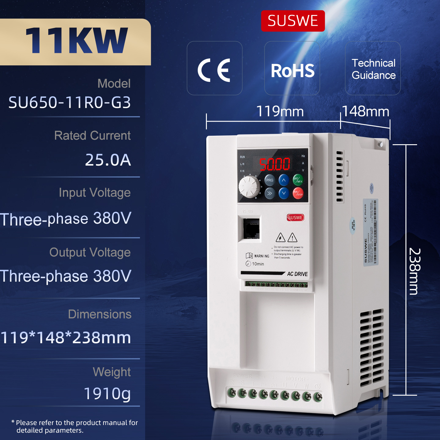 11 kW, Entrée triphasée 380 V, Sortie triphasée 380 V