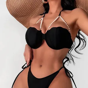 Sexy Shell Shape Underwire Bikini Tie Side Thong Bikinis Swimwear Women 2024 Black Pearls Strap Push Up Bathing Suit Swimsuit