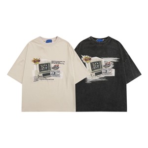 Street Fashion Heavyweight Washed T-Shirt Unisex Retro Creative Print Camiseta de manga corta con cuello redondo para hombre - Product Image 1