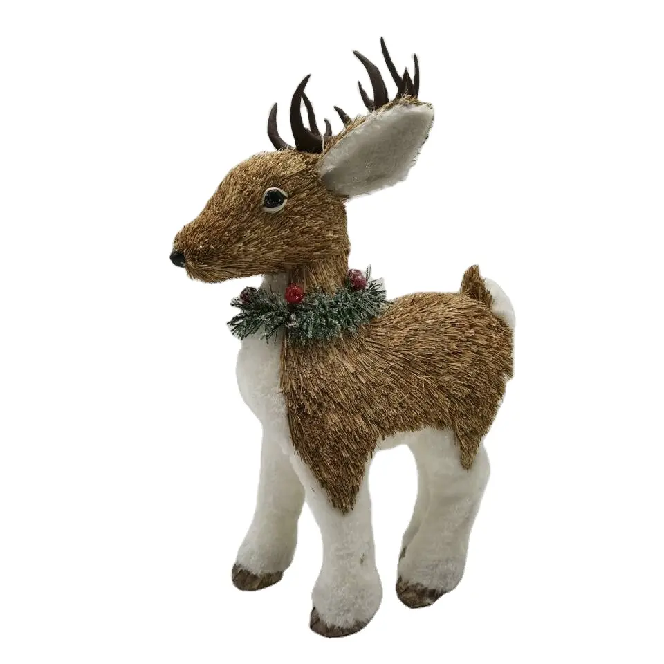 14" Home Christmas Decorations Supplies Home Party Ornaments Handmade Natural Straw Standing Deer
