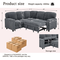 Canapé d'angle convertible en forme de L avec lit gigogne et rangement, canapé-lit 5 places avec port USB, design convertible pour salon