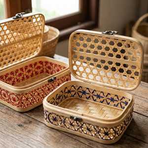 Woven Bamboo Storage Box with Lid Boho Home Decor Natural Rectangular Basket for <b>Shelf</b> Colorful Geometric Pattern Organizer Viet - Product Image 4
