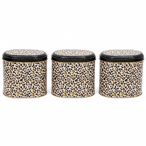 Ensemble de boîtes de rangement ovales en métal 140x120x130mm 1.4L (lot de 3) Motif léopard doré Design Leo - Product Image 2