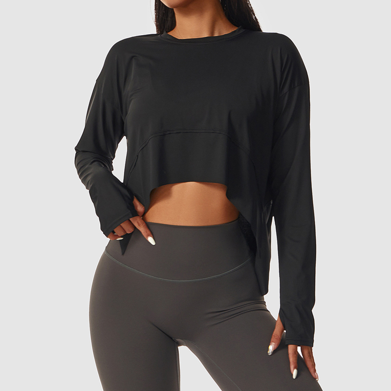 Light Weight Cotton Spandex Comfortable Yoga Workout Long Sleeves Tee Shirt Tops for Women With Thumble Hole