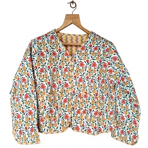 Handmade cotton quilted <b>jacket</b> women white multicolor floral print boho <b>kantha</b> style button front pockets full sleeves - Product Image 1