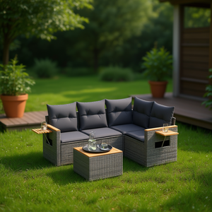 Ensemble de canapés de jardin en rotin moderne 4 places, mobilier d'extérieur résistant aux intempéries, structure en teck, design contemporain - Product Image 2