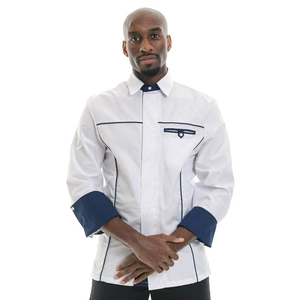 Uniforme de Chef de Alta Calidad para Restaurante, Uniforme de Cocina Unisex de Sarga 100% Algodón, Chaqueta de Chef Azul Marino y Blanco - Product Image 1