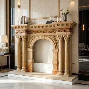 Cheminée autoportante en pierre légère de style gothique classique, <span class=keywords><strong>avec</strong></span> décorations géométriques en treillis sculpté - Product Image 2