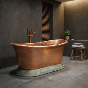 Baignoire autoportante ovale en cuivre, artisanale, avec base à jupe, pour la maison et les hôtels - Indian Home Crafts - Product Image 3