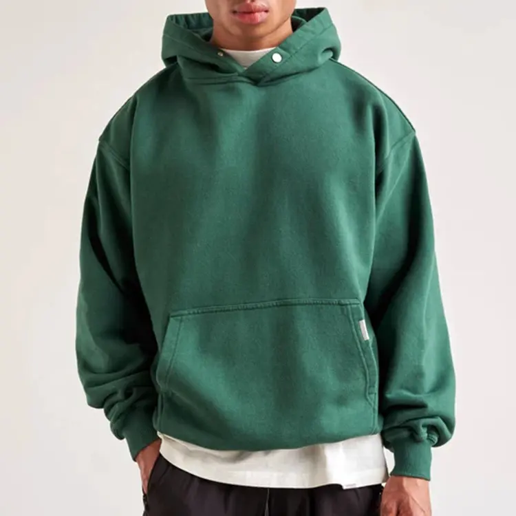 Men's custom embroidered logo streetwear plain heavy weight 100% cotton army green washed vintage fleece hoodie with no string