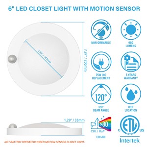 Lámpara de Techo LED con Sensor de Movimiento PIR ETL de 15W, Base Mediana, Encendido/Apagado Automático al Anochecer/Amanecer, para Pasillos, Resistente al Agua - Product Image 6