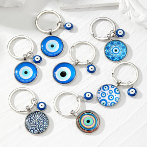 2025 Trendy Popular Personality Turkish Blue Evil Eye Glass Round Circle Flower rainbow Pendant Keychain Key Ring