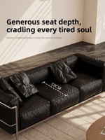 Canapé trois places en cuir véritable huilé noir vintage, style minimaliste italien Bauhaus, idéal pour petit appartement, salon, luxe discret